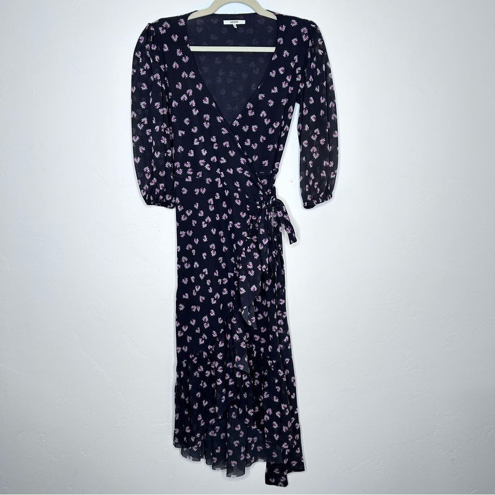 Ganni Gray Pink Floral Tilden Mesh Midi High Low Dress Size 36/4 Ruffle Cocktail